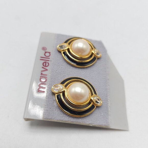 Marvella Faux Pearl Clear Crystal Retro-Inspired Earrings Black/Gold - Picture 2 of 4